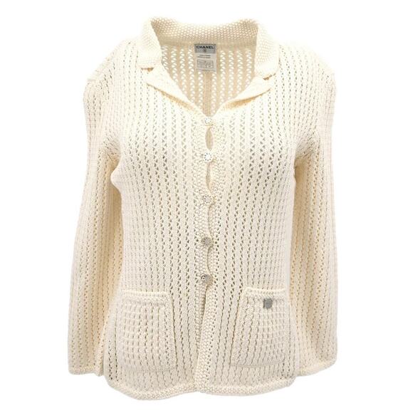 Chanel Cotton Cashmere Crochet Knit Ecru Cream Sweater Cardigan CC Buttons 40 - Picture 1 of 16
